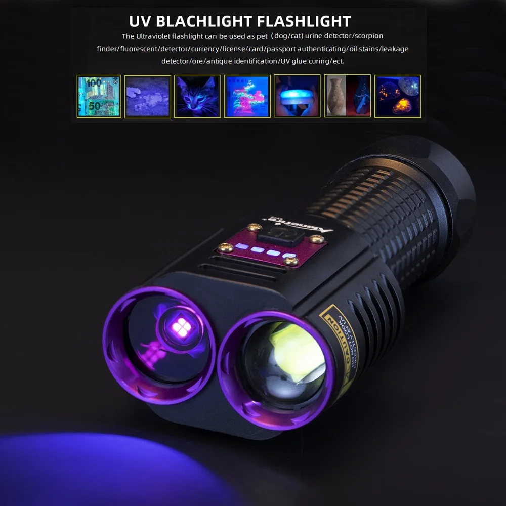 Linterna táctica UV + blanca carga USB detección dinero manchas