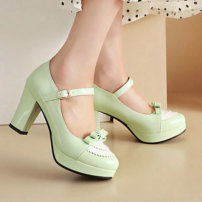 Bright Yellow Purple Closed Toe Pink Girls Cosplay Lolita Shoes Patchwork Bowtie Knot Design Cute Women Mary Janes Pumps Heels
