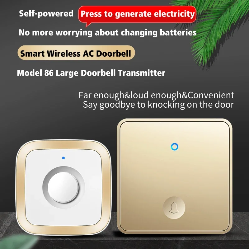 CACAZI Self-powered Home Wireless Doorbell Waterproof No Battery Button US EU UK Plug 60 Chime Wireless Alarm Doorbell (FA12BIG)