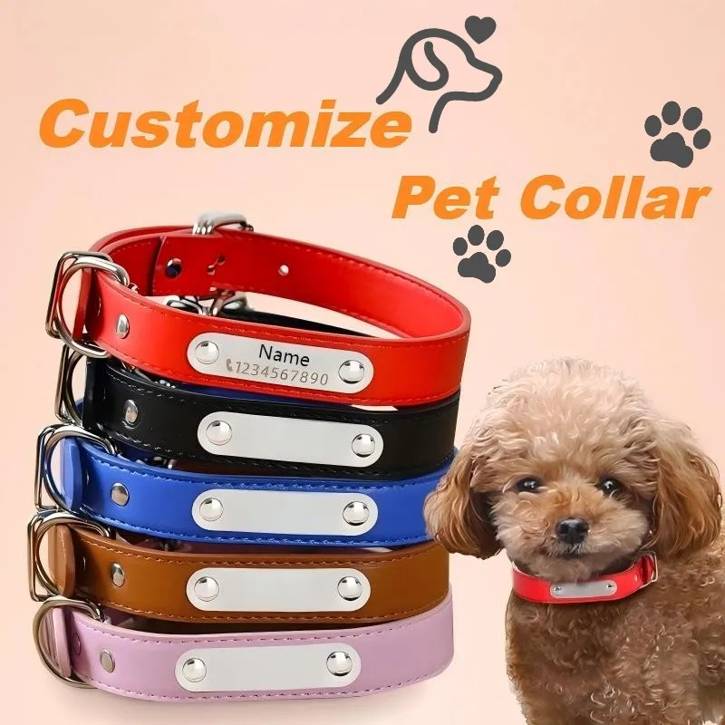 

Personalized Name Carved Leash Dog Collar Anti-lost Solid ID Tag PU Leather Pet Collar For Small Medium Large Dogs Cat Supplies