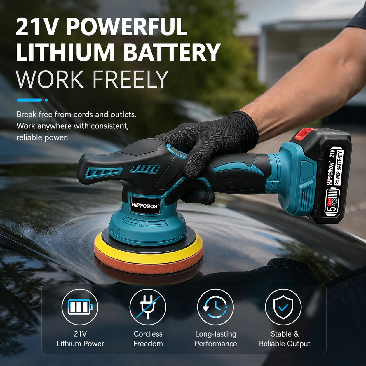 HIPPCRON Lightweight 5500RPM 8 Gears Cordless Car Polisher Multi-functional Sanding Machine Waxing Metal Cleaning (NO Battery)