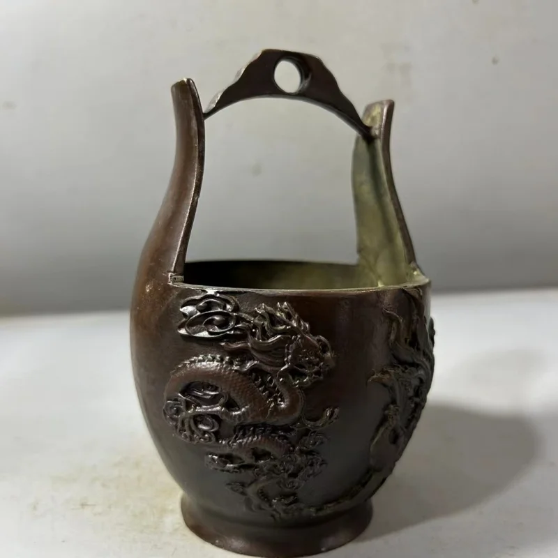 

Винтажное ведро Qianlong года Дракона и Феникса Предложение Благоприятного ведра Золотого Дракона и Феникса Ведро Старый Патина Античный Стиль O