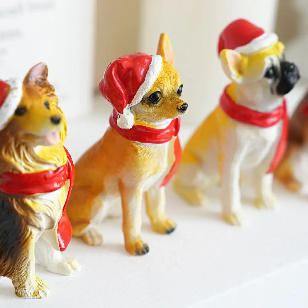Creative Christmas Hat Dog Sculpture Sitting/Standing Position Modern Christmas Ornament Cute Exquisite Dog Figurine Home Decor