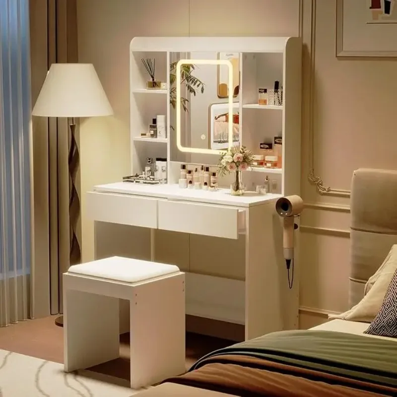 Vanity Desk with Mirror and Lights, for Bedroom,Adjustable 3 Color Lights Modes Includes Padded Stool, Makeup Table Set