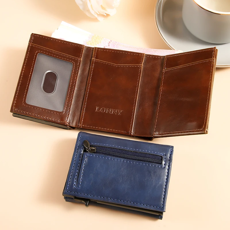 Men Women Trifold PU Card Wallet With AirTag Holder Hole Pop‑Up Card Case Magnetic Minimalist Retro Slim Credit Card Purse