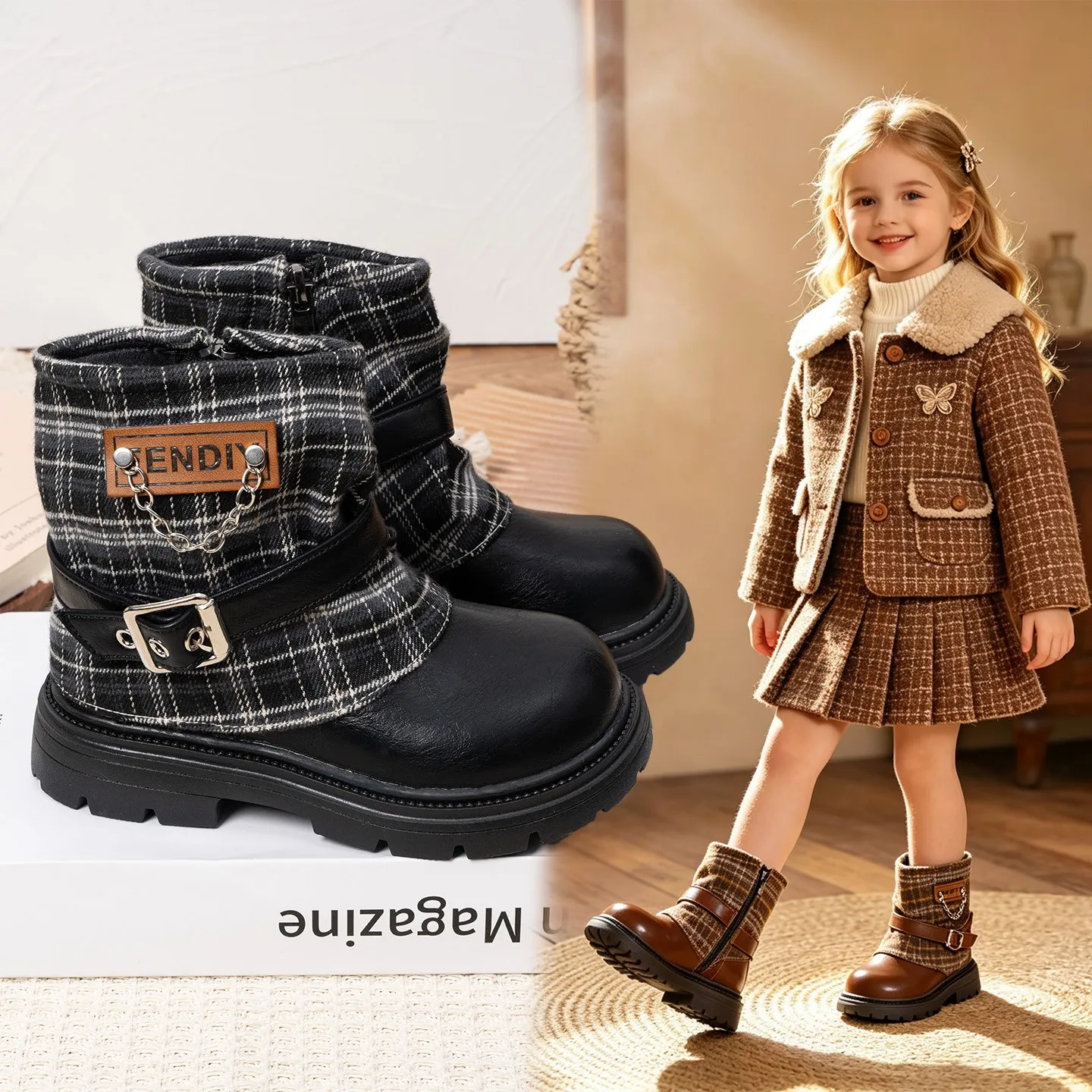 Toddler Girls Plaid Spliced Ankle Boots, Metal Chain & Buckle Decor, Side Zipper, Thick Non Slip Sole for Autumn Winter