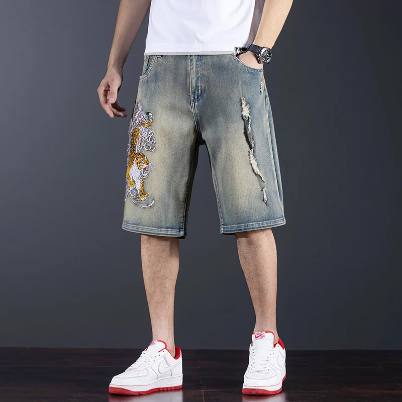 Chinese Style Tiger Embroidered Denim Shorts Men's Loose Hole plus Size Trend Casual Retro Distressed Cropped Pants