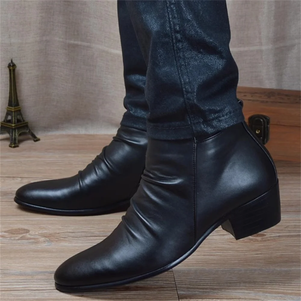 

Men's Korean Style Trendy Leather Boots British Style Pointed Toe Raised Inner Height Chelsea Boot Male High Top Booties