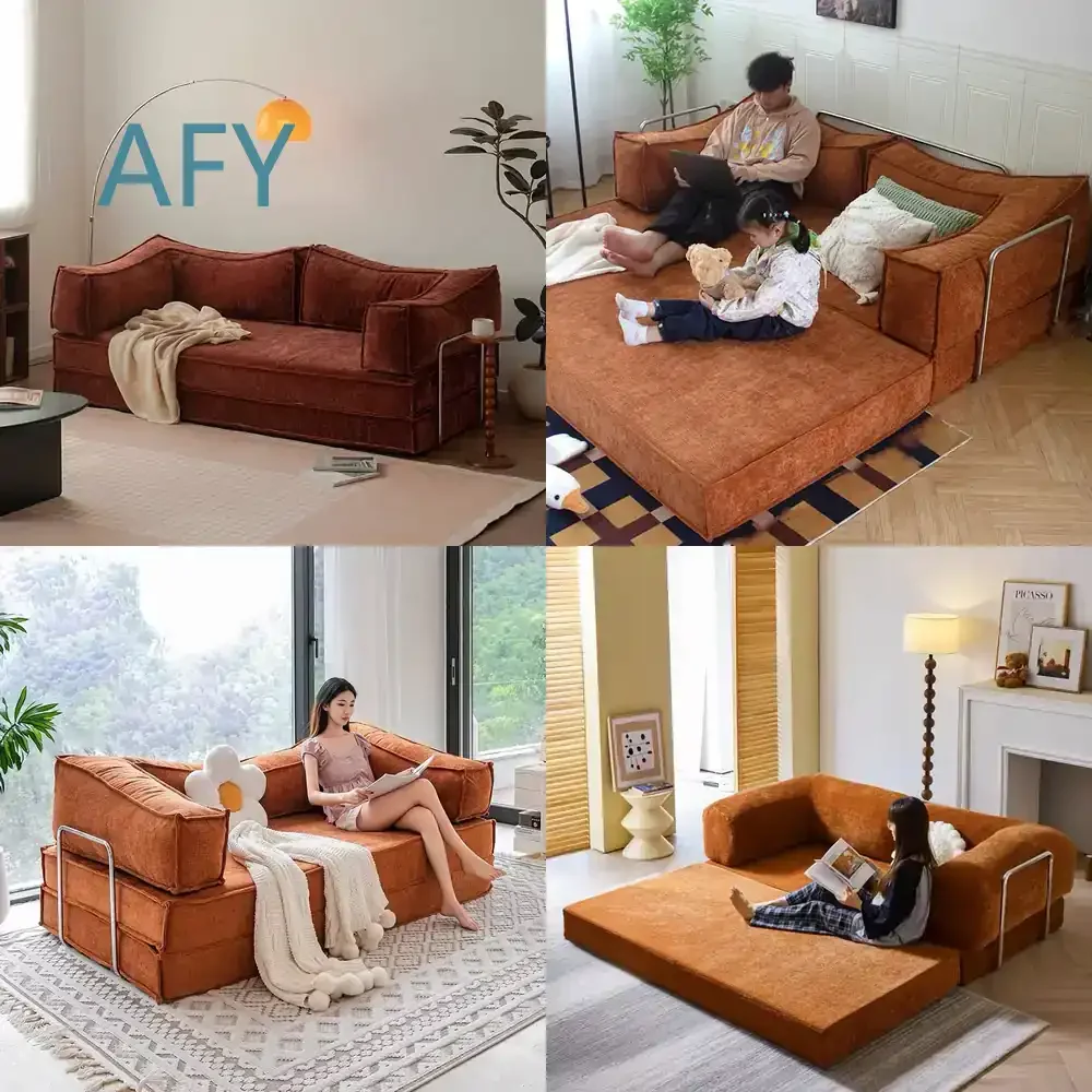 Compressed Retro Sofa Bed for Living Room Convertible 2-in-1 Fabric Modular Sofa for Home Use Mid Century Modern Double Three
