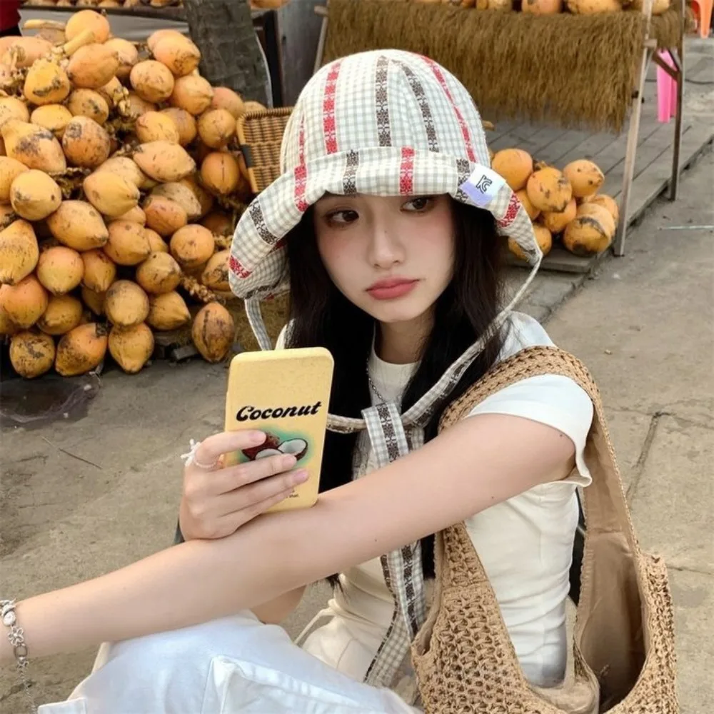 

Breathable Quick-dry Seaside Fisherman Hat UV Protection Sunscreen Strappy Sun Hat Sweet Big Brim Plaid Bucket Cap Hiking