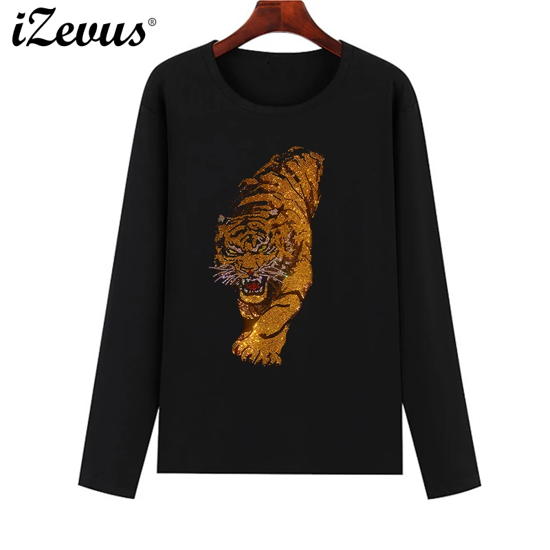 

Women's spring, fall and winter long-sleeved bottoming casual T-shirt diamond tiger figure comfortable hundred with T-shirt