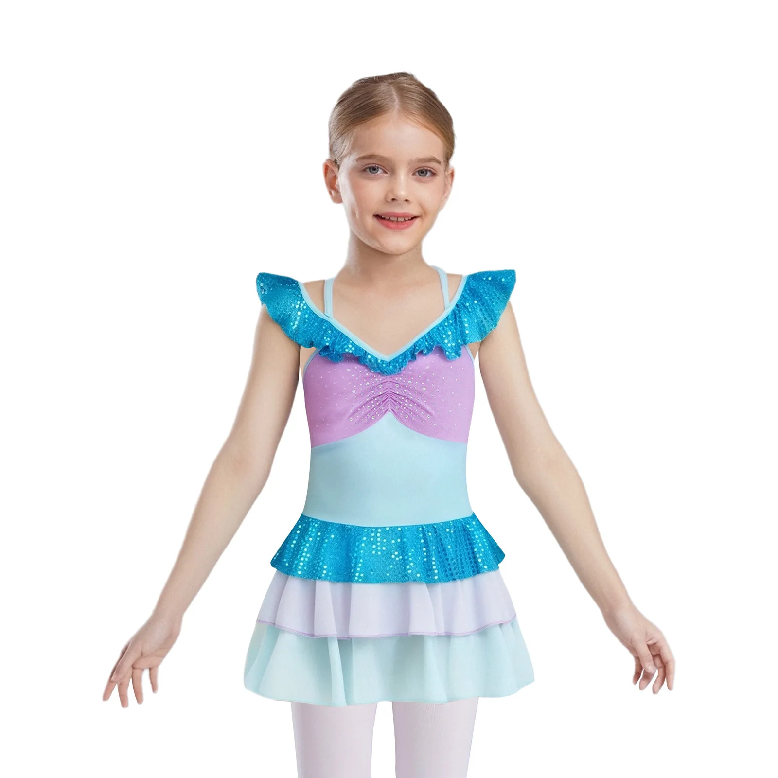 Kinder Mädchen Lyrisches Tanzkostüm Künstlerische Gymnastik Ballett Tanzkleid Glänzende Pailletten Strass Kleid für Tanzaufführung