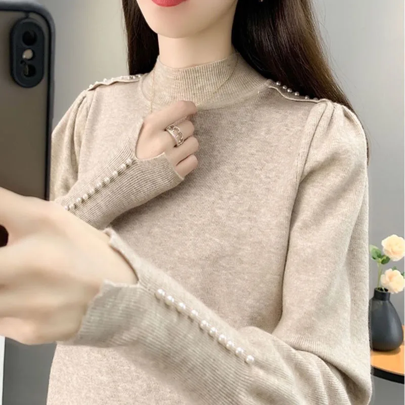 Autumn Winter Puff Sleeve Shoulder Multiple Pearls Design Half Height Collar Straight Pullovers Cuffs Split Fork Sweaters Loose