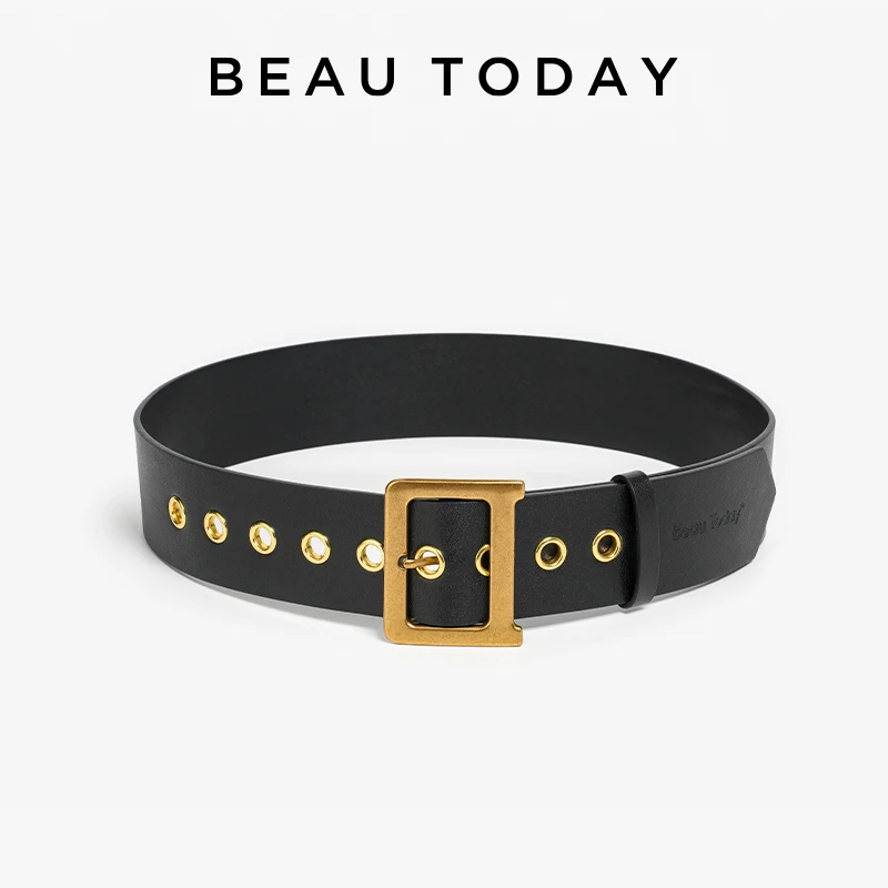 

BEAUTODAY Stylish Belt Women Genuine Cow Leather Solid Color Golden Square Buckle Multiple Adjustment Waistband Handmade 91085