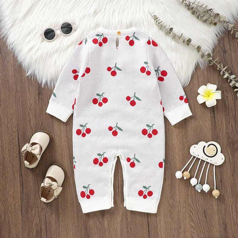 Autumn Baby Romper Knitted Infant Boys Clothes Overalls 0-18M Fashion Cute Cherry Warm Newborn Girls Jumpsuit Outfit Long Sleeve