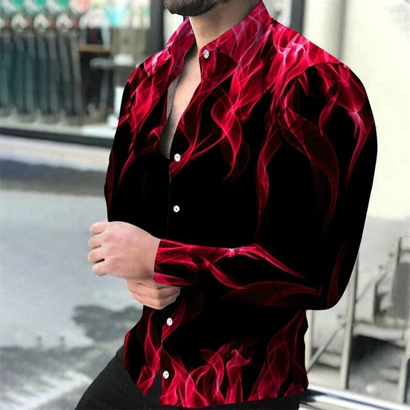 2023 Men Ladies Tops Couple Daily Flame Casual Fashion Street Outdoor Blue Red Lapel Button Shirt High Quality Material Hot Sale