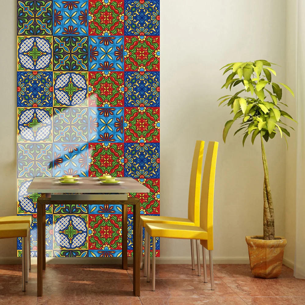 10 pcs/pack, Spanish ceramic pattern hard PVC Self-Adhesive Tile Stickers - Waterproof, Oil-Proof, Easy to Clean for Home Decor