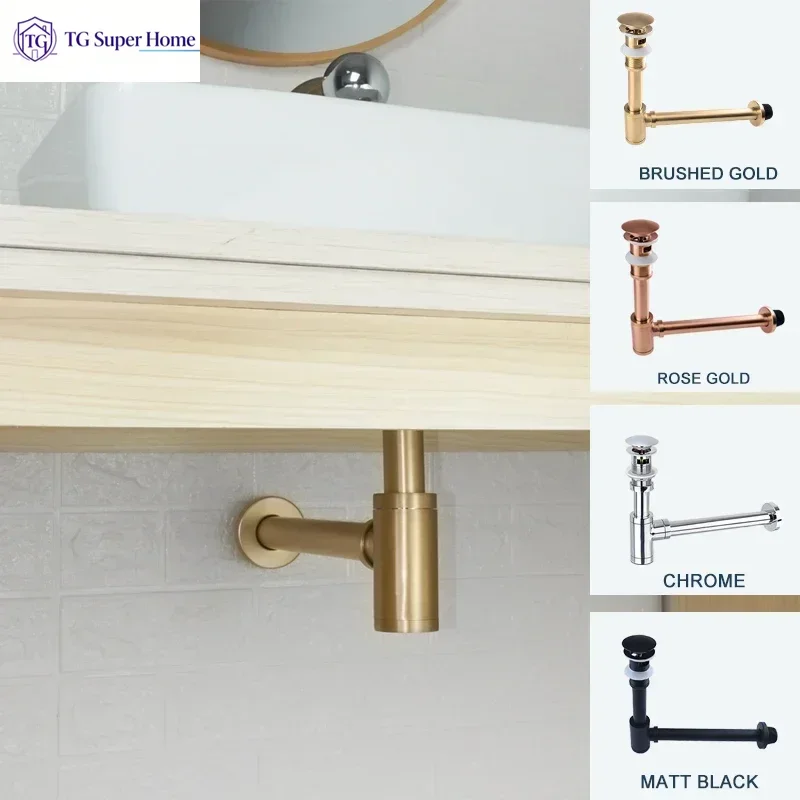Bathroom Siphon Sink Drain Pipe Brass Deodorization Waste Bottle Trap Black Brushed Gold Chrome Pop Up Drain Stopper Rose Gold