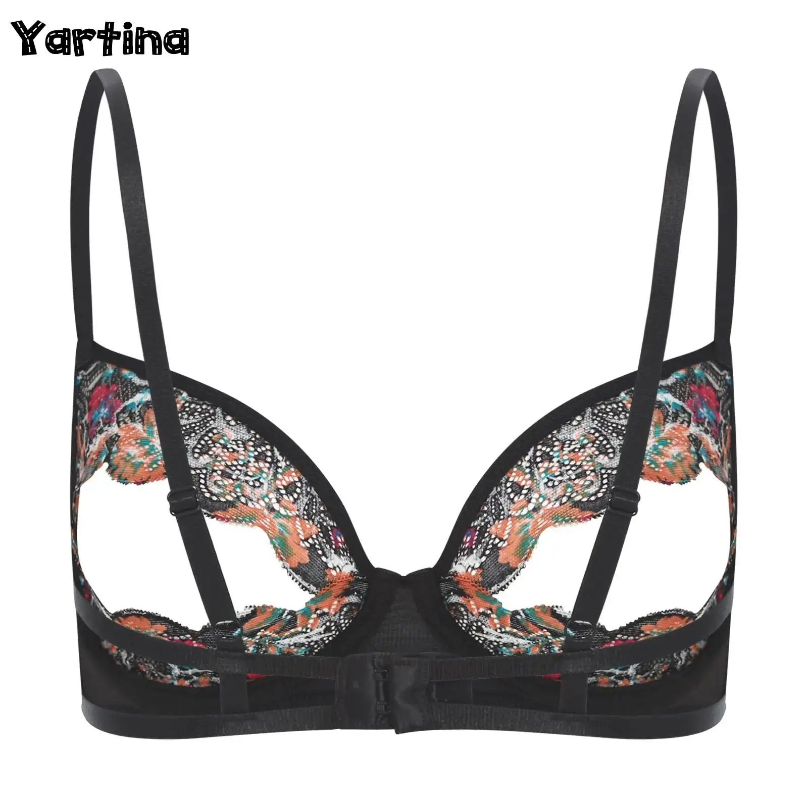 

Women Wire-Free Unlined Cup Exposed Bralette Hollow Out Lace Bra Top Front Cut Out Embroidery Sheer Lace Floral Nipple Split Bra