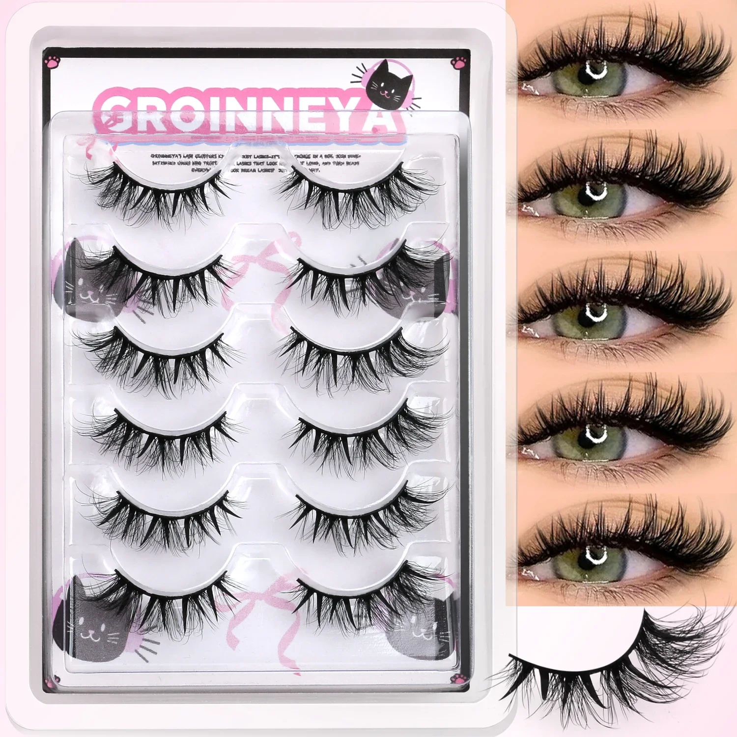 GROINNEYA Cat Eyelashes Wispy Lashes Natural Look False Eyelashes Fluffy Faux Mink Lashes Wispy Winged End Eye Elongated Lashes