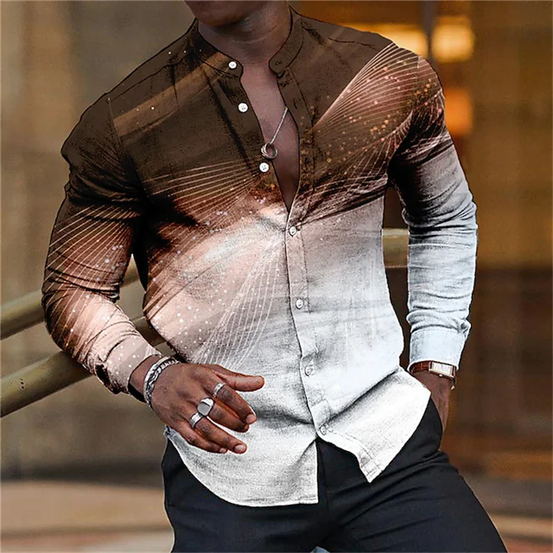 2023 luxury Hawaiian men\'s graphic lines 3d printed long-sleeved stand-up shirt plus size travel shirt T-shirt summer new S-6XL