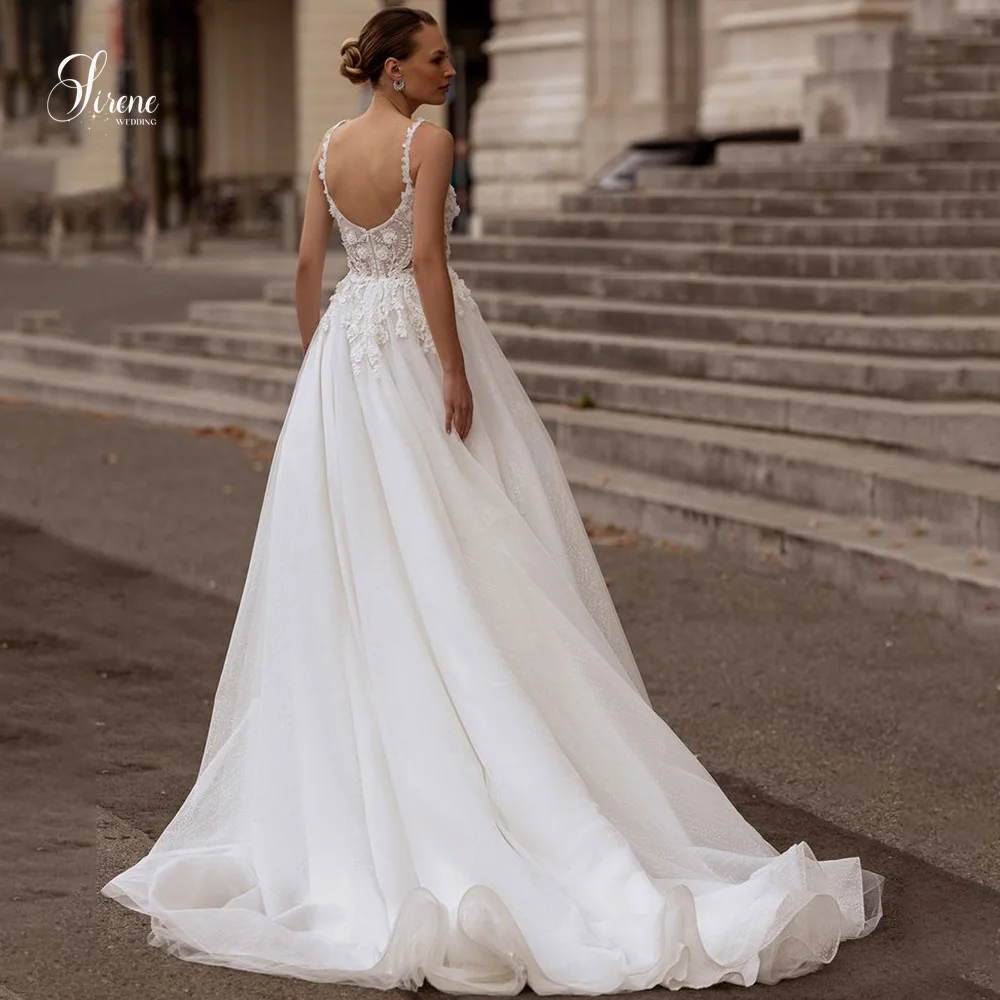 Sirene Moderne V-hals Ruglooze Vloerlengte A-lijn Korte Mouw Kanten Bruidsjurk 2025, Trouwjurk Vestidos De Novia Aangepast