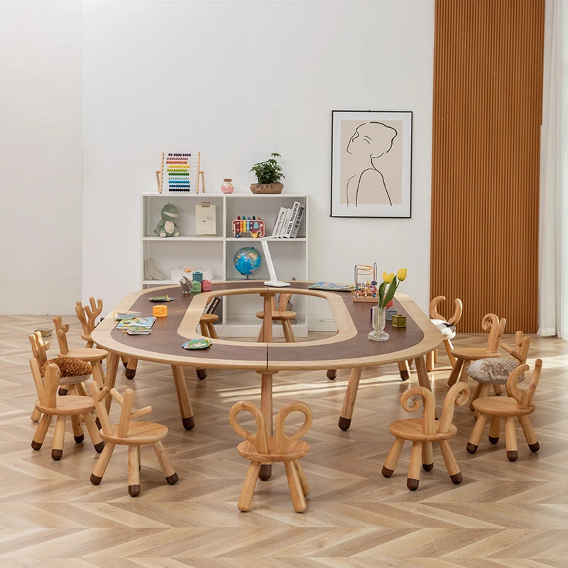 Kindergarten Table and Chair Combination Solid Wood Children's Primary School Tutoring Class Art Drawing, Writing and Reading