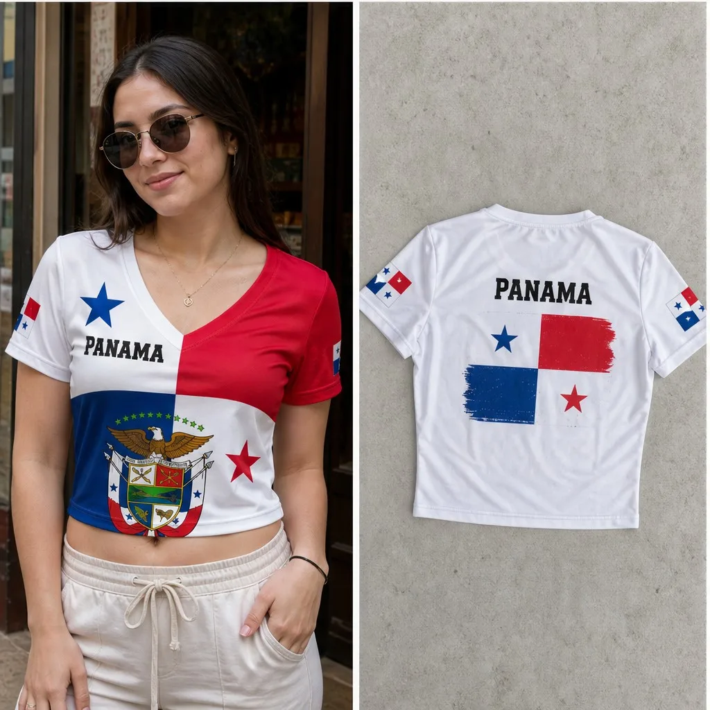 Womens Panama V Neck Short Sleeve Crop Tops Flag Crest Star Graphic Casual Summer Shirt for Street Travel Holiday and Daily Wear