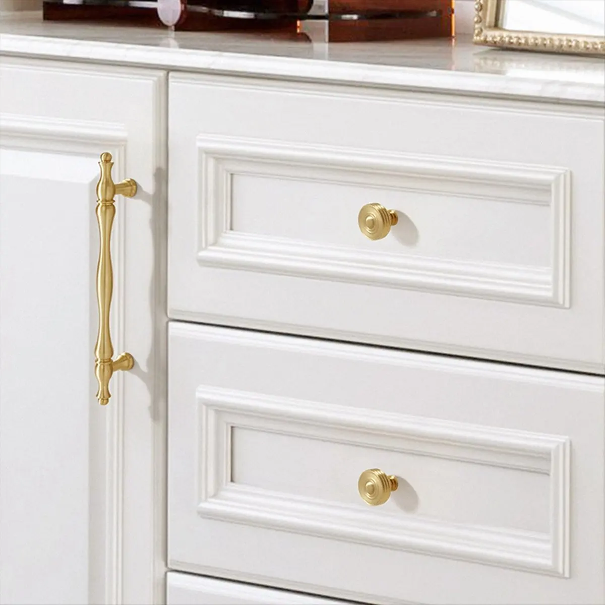 ABFW French Light Luxury Brass Drawer Handles Furniture Hardware Kitchen Cabinet Gold Handles, Single Hole