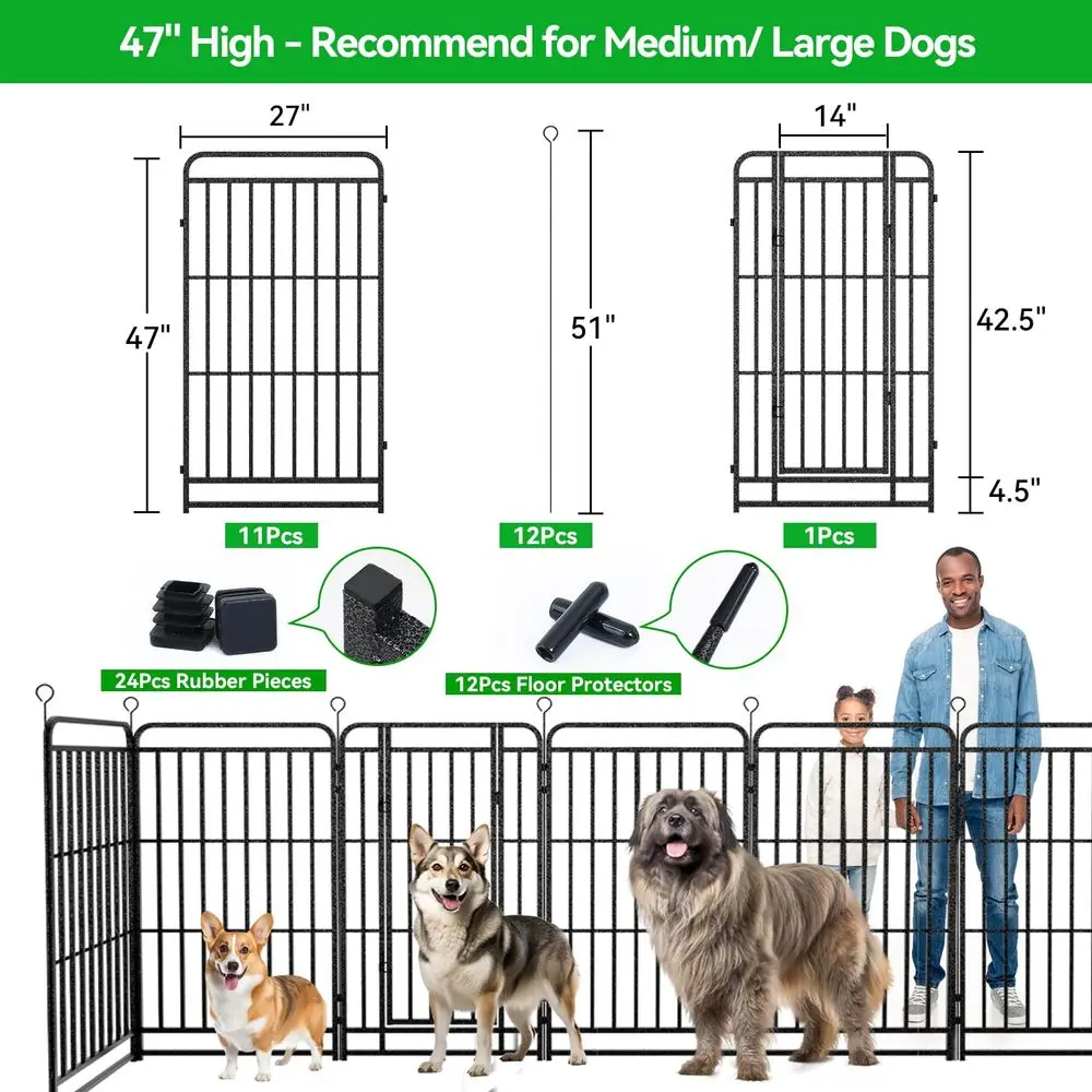 

Heavy Duty Dog Playpen 12 Steel Panels 47 Height, Square Steel Pipe with Reinforced Crossbars, 27FT 57 Sq.ft Portable Fence for