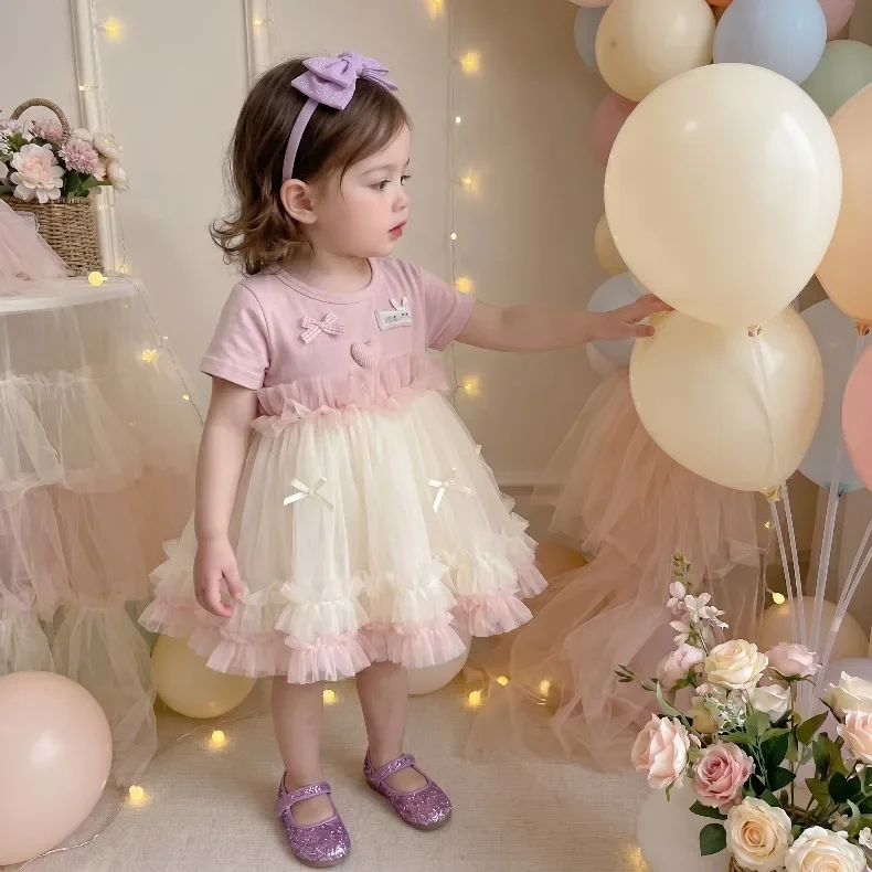 Baby-Mädchen-Kleid, Sommerkleid mit Schleife, Netzkleid für Mädchen, süßes Strand-Babykleid, Kleinkind-Prinzessinnenkleider, Baby-Kinder-Geburtstagskleidung, neu – Detail 8