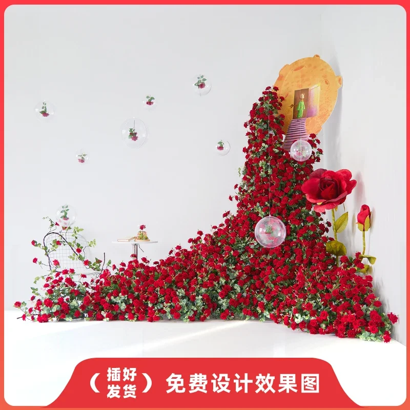 Waterfall rose wall simulation flower beauty Chen shopping mall punch car show corner layout Internet celebrity window