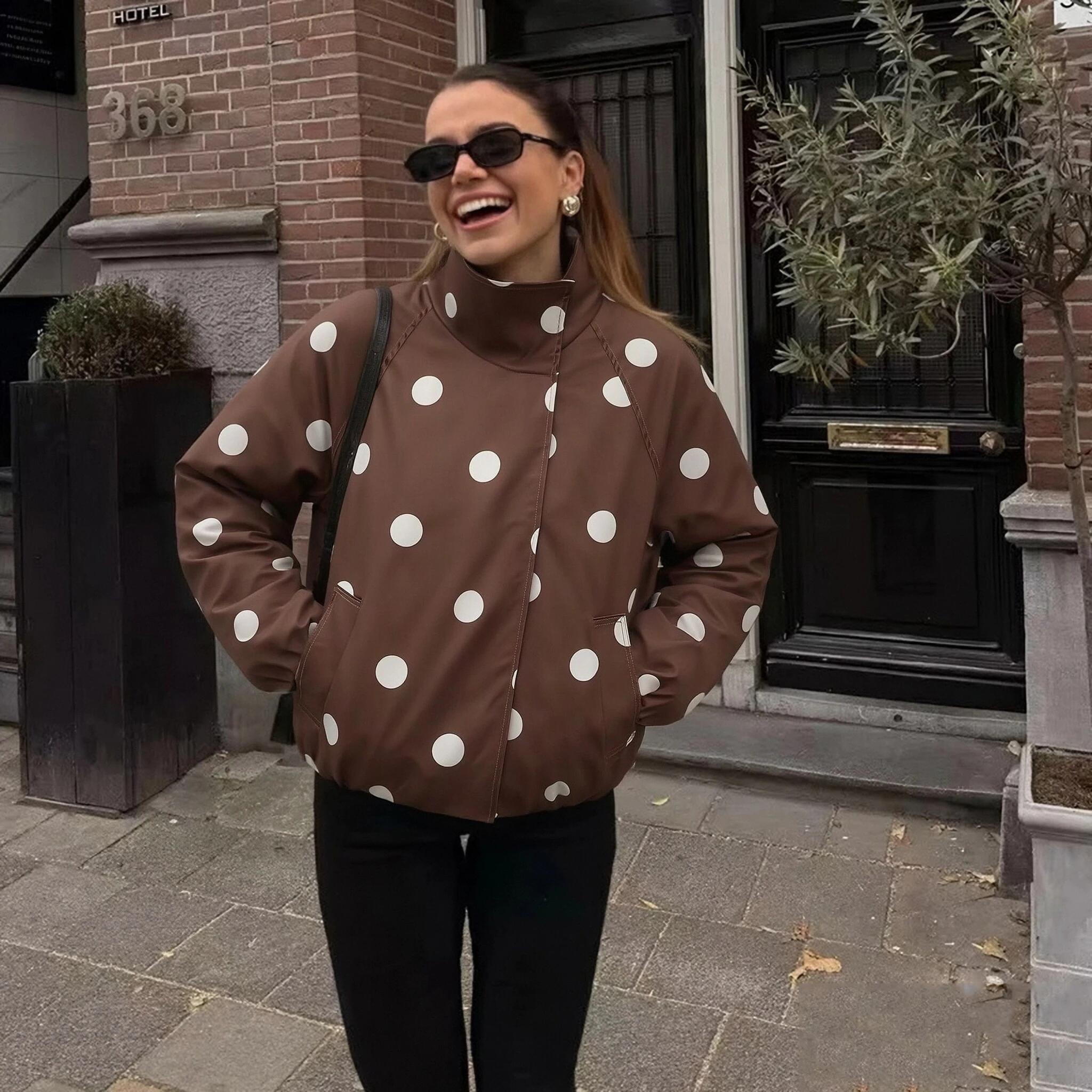 Women Coffee Polka Dot Jacket Coats Spring Autumn Female Fashion Print Loose Long Sleeves Jackets Lady Chic Street Holiday Coats