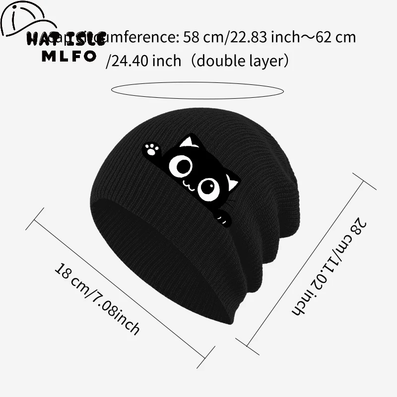 Cute Trendy Slouchy Beanie, Peeking Black Cat Cartoon Print, For Daily Casual Outing, Holiday Hangout & Friend Meetup