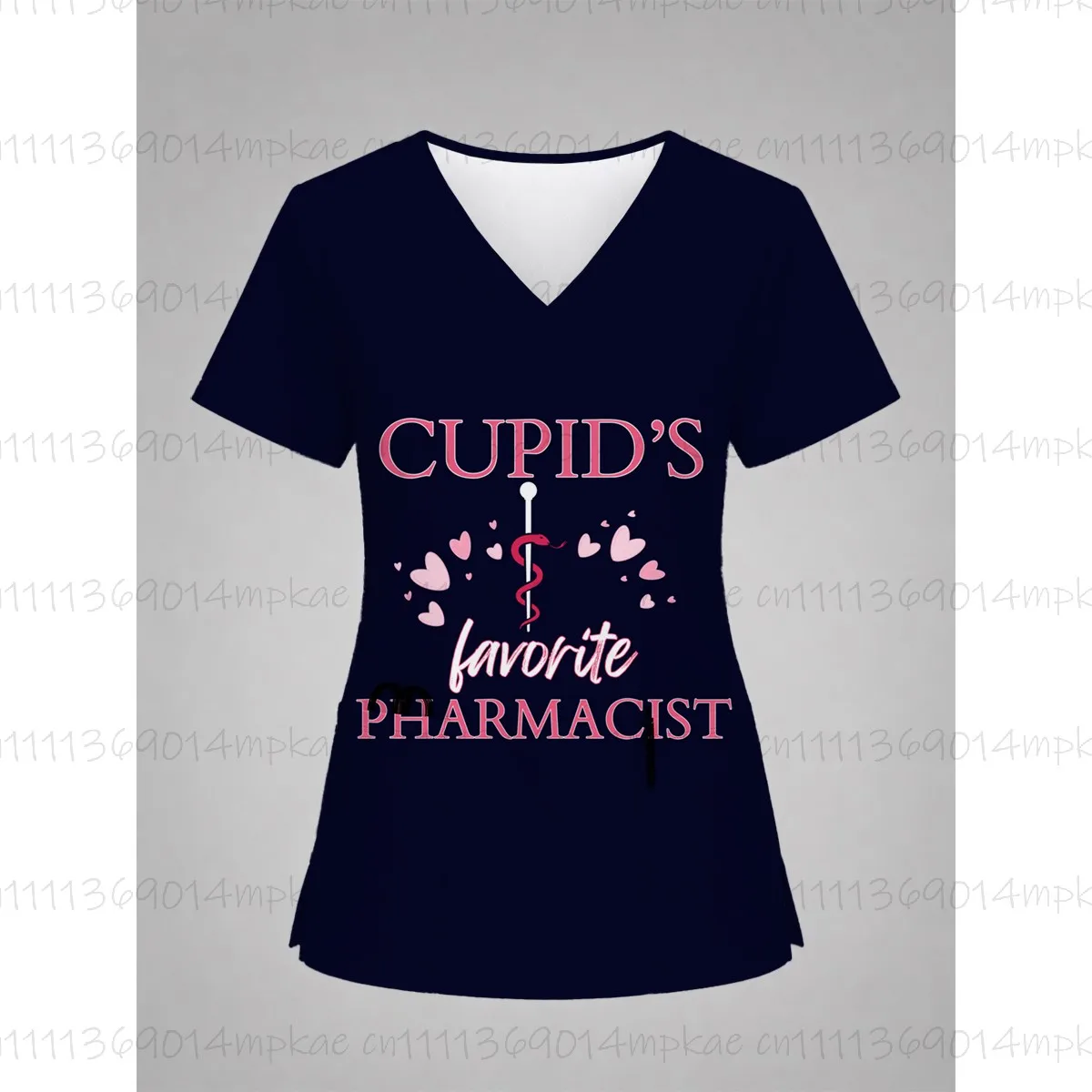 Women's V-neck Short-sleeved Frosted T-shirt, Beauty Salon Frosted Top, Cartoon Animal Print Women's Work Uniform