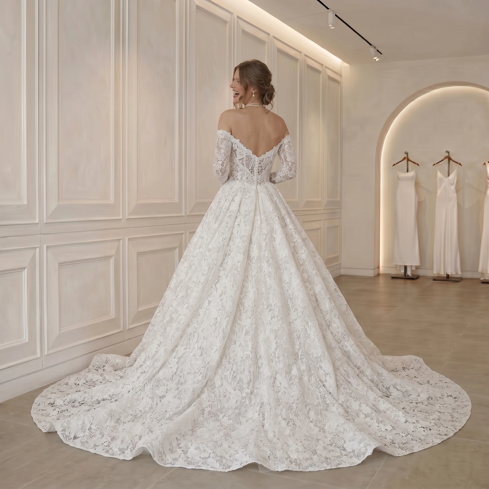 Long Sleeve Lace Ballgown Wedding Dress Sweetheart Neck Cathedral Train Princess Bridal Gown Custom Ivory Vestido De Novia