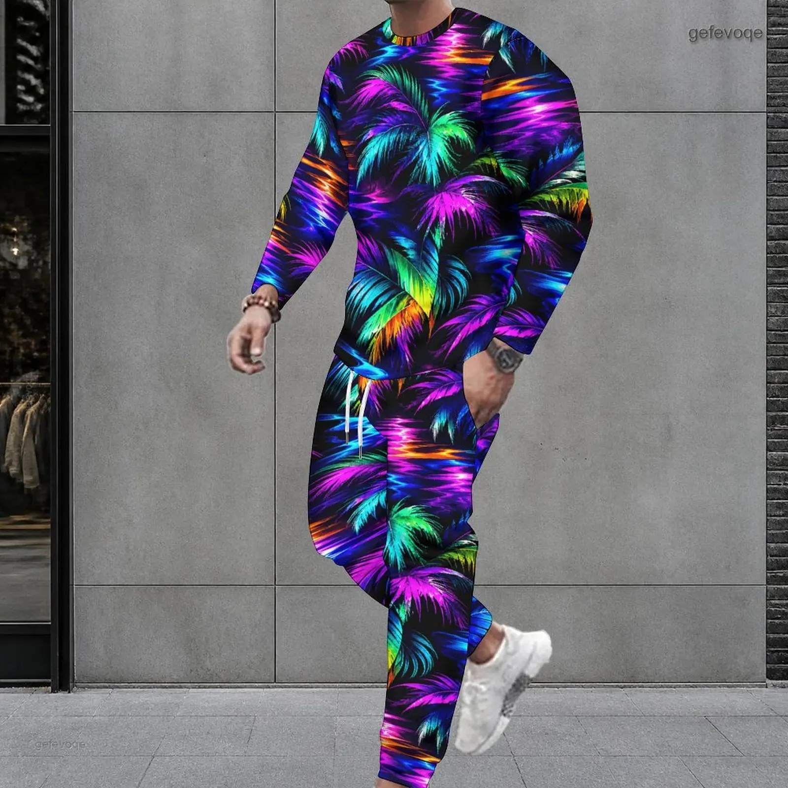 Men Allover Neon Palm Leaf Printed Round Neck Long Sleeve Top & Cuffed Pants Two Piece Set