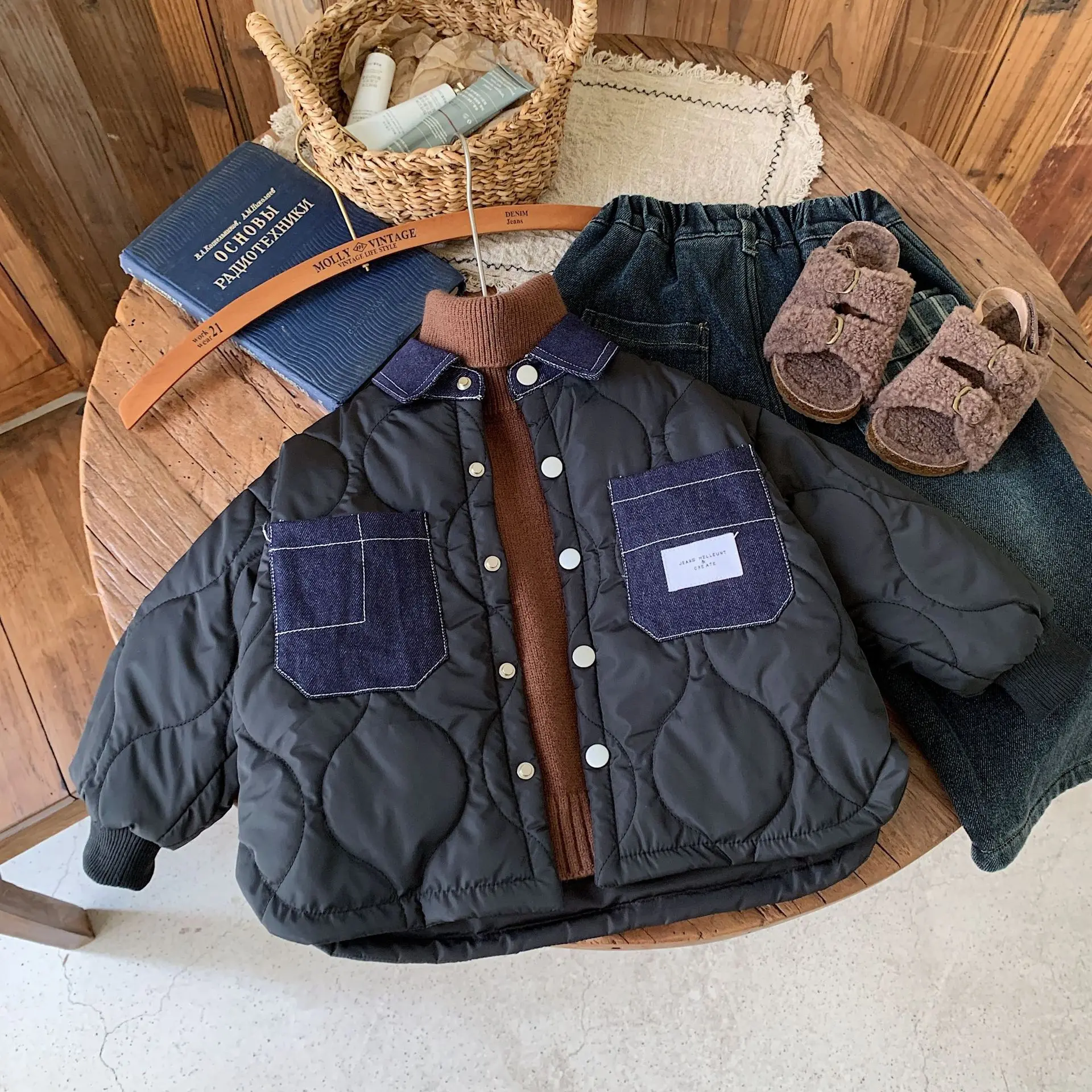 Children Cotton-padded Jacket 2025 Winter New Cowboy Collar Baby Boy's Coat Patchwork Warm Jacket Outerwear