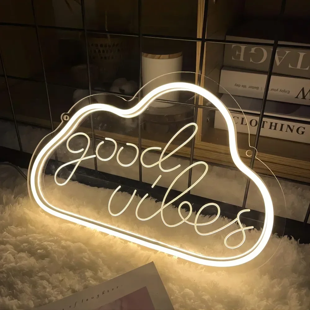 Good Vibes Cloud Neon Sign Carve Custom Personal LED Lights For Bedroom Decoration Things To The Room Cafe Lighting Wall Decors