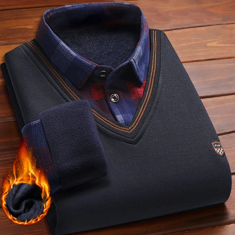 

LIBIELIY Men's Plaid Pullover Knit Polo Shirts Fleece Lined Sweaters Knitted Bottom Shirts Dad Warm Pullovers Knitwear