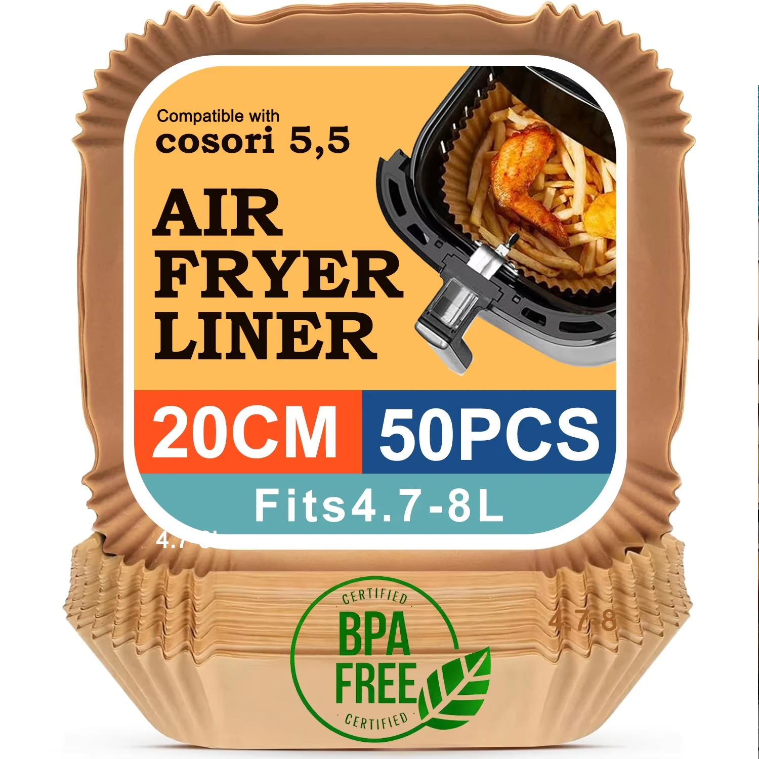 Air Fryer Baking Paper 20cm Sqaure Parchment Paper Sheets for Ninja AF140,COSORI,Cecotec 5,5L/6L,Tefal 4,2L Airfryer
