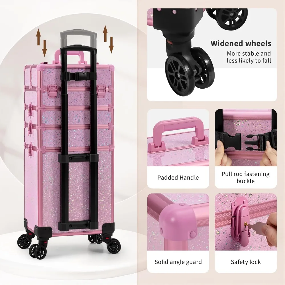 5-in-1 Rolling Makeup Train Case, Large Capacity Cosmetic Trolley with Lockable Wheels, Pink view 5