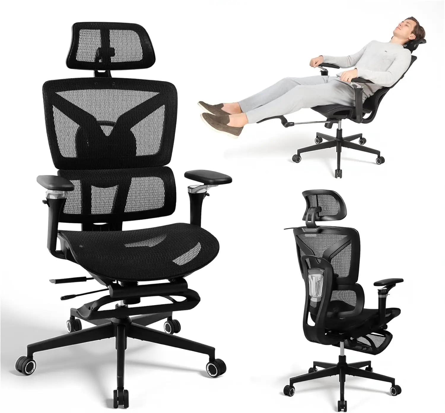 Ergonomic Office Chair with Footrest, 5D Armrests, Lumbar Support, Mesh Reclining Swivel Chair for Home Office Gaming, Adjustable Seat Depth, S3 Elite Pro