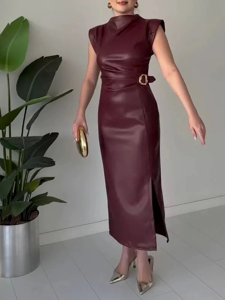خمر مكتب مستقيم فستان طويل أزياء المرأة س الرقبة أكمام فستان من الجلد الخريف عالية الخصر سليم صالح الصلبة ألف خط اللباس