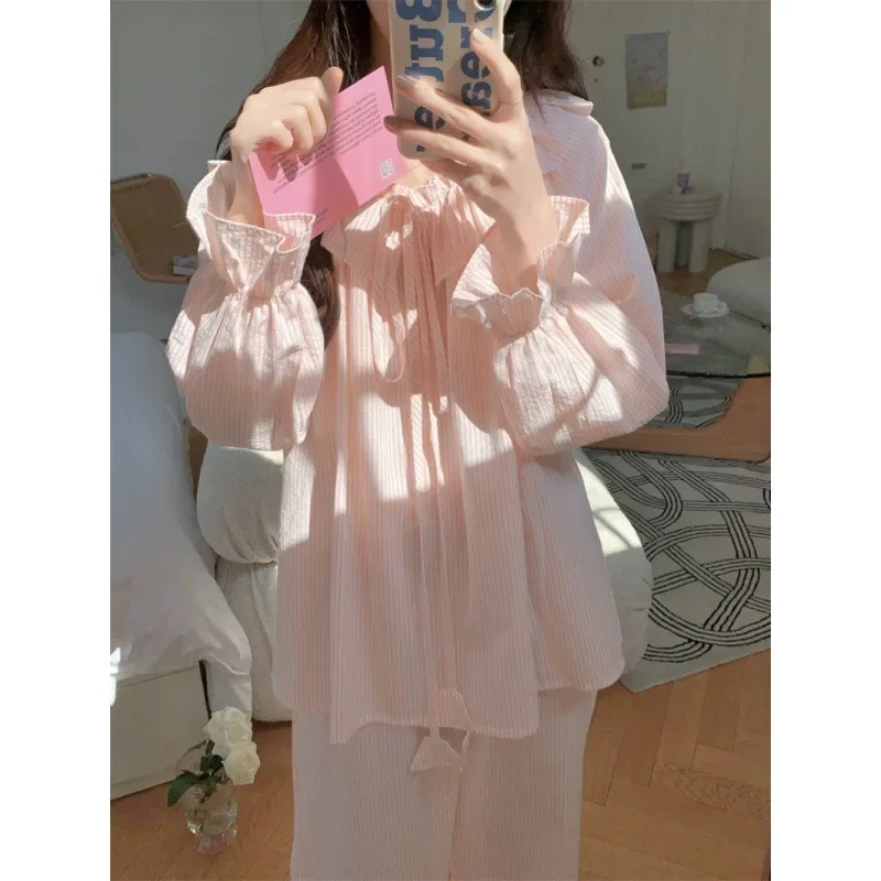 2024 New Spring Autumn Pajamas 2 Piece Set Women Korean Gentle Stripes Comfortable Long Sleeve Pants Suit Leisure Loose Homewear