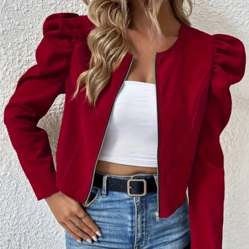 

Модная женская куртка, элегантное пальто с пышными рукавами, куртки на молнии, верхняя одежда, однотонная куртка, кардиган, женское пальто 2026