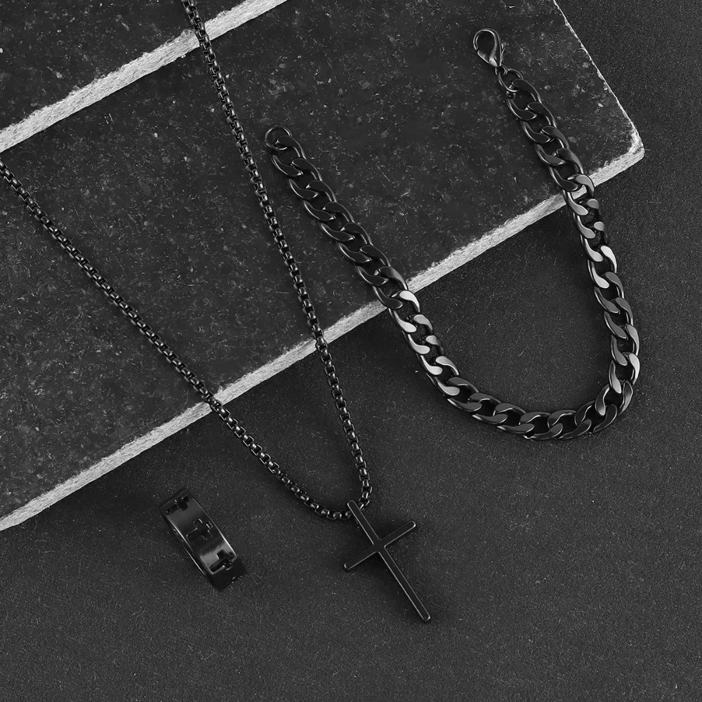 3pcs Fashion Alloy Men's Cross Pendant Necklace, Bracelet & Ring Combo Jewelry Set image 6