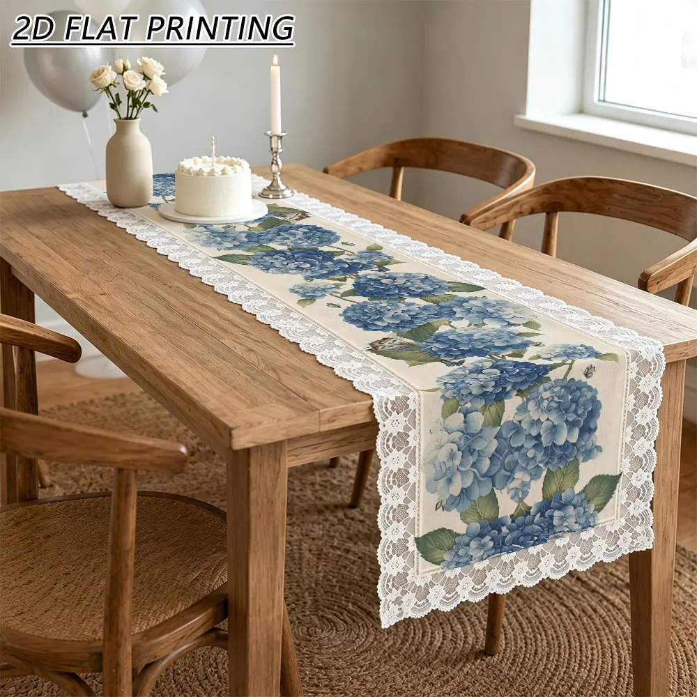 1pc Blue Hydrangea Butterfly Pattern Tulle Lace Table Runner For Wedding Party Banquet Decor