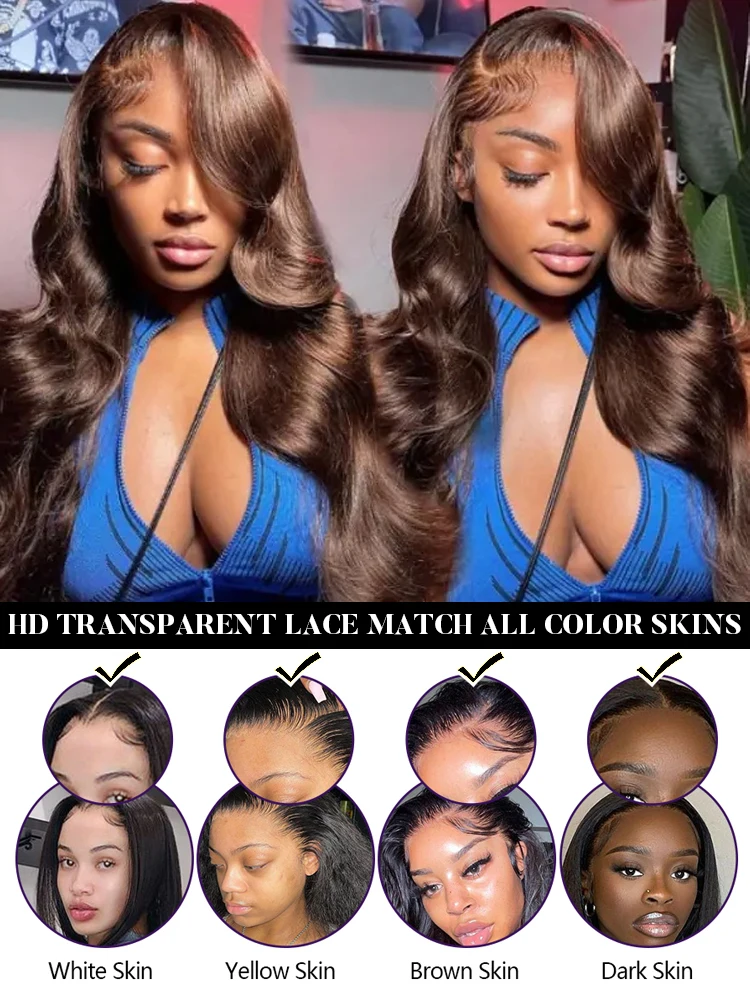 13X4 Chocolate Brown Body Wave Lace Front Wig HD Transparent Lace Frontal Wig Human Hair Preplucked Colored Human Hair Wigs Remy