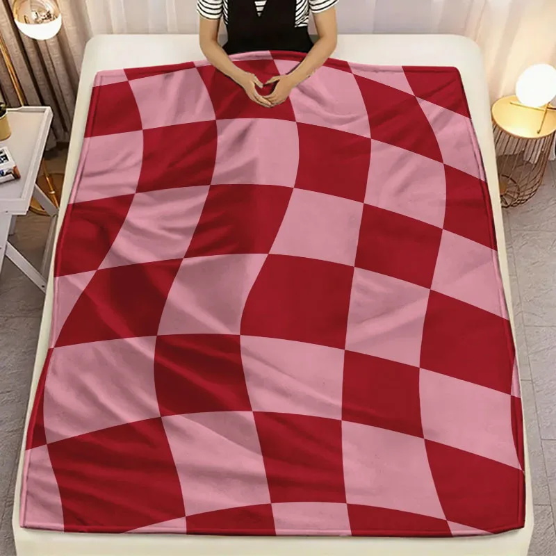 Plush Winter Red White Gingham Checkered Plaid Throw Blanket for Couch Sofa Bedroom Decorating Gift